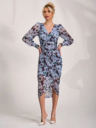 Lace Long Sleeve Ruched Bodycon Dress, Blue Floral