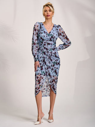 Lace Long Sleeve Ruched Bodycon Dress, Blue Floral