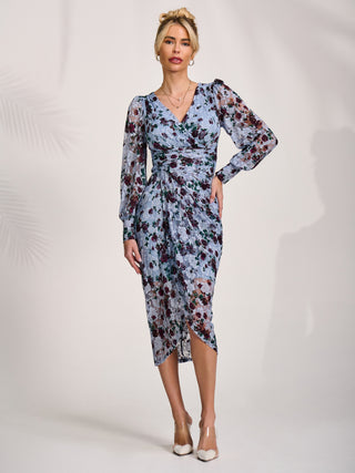 Lace Long Sleeve Ruched Bodycon Dress, Blue Floral