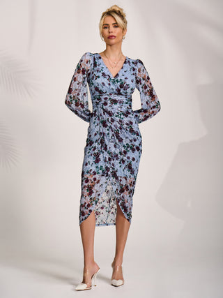 Lace Long Sleeve Ruched Bodycon Dress, Blue Floral