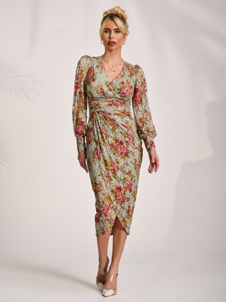 Lace Long Sleeve Ruched Bodycon Dress, Green Floral