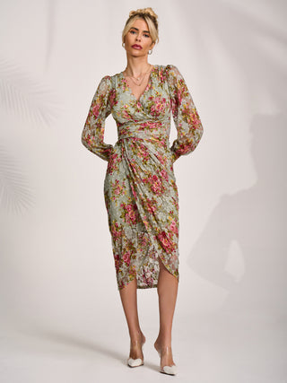 Lace Long Sleeve Ruched Bodycon Dress, Green Floral