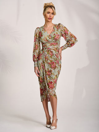 Lace Long Sleeve Ruched Bodycon Dress, Green Floral