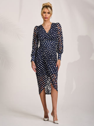 Lace Long Sleeve Ruched Bodycon Dress, Navy Polka Dot