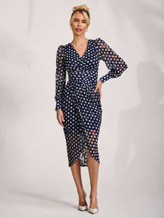 Lace Long Sleeve Ruched Bodycon Dress, Navy Polka Dot