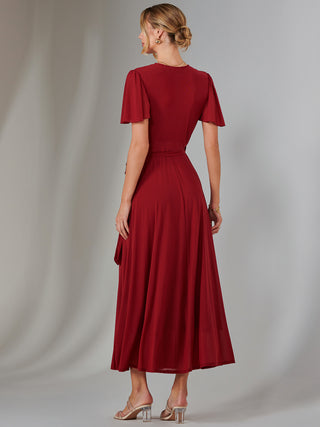 Plain Angel Sleeve Wrapped Maxi Dress, Brick Red