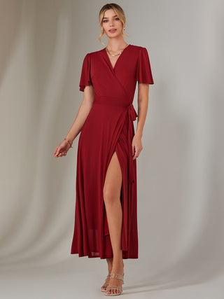 Plain Angel Sleeve Wrapped Maxi Dress, Brick Red