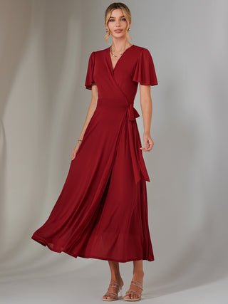 Plain Angel Sleeve Wrapped Maxi Dress, Brick Red