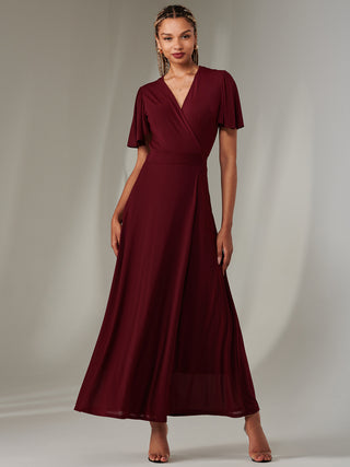 Plain Angel Sleeve Wrapped Maxi Dress, Burgundy Jolie Moi Wholesale Plain Angel Sleeve Wrapped Maxi Dress, Burgundy Jolie Moi Wholesale