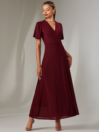 Plain Angel Sleeve Wrapped Maxi Dress, Burgundy