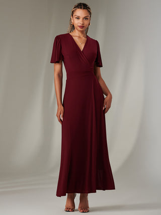 Plain Angel Sleeve Wrapped Maxi Dress, Burgundy Jolie Moi Wholesale Plain Angel Sleeve Wrapped Maxi Dress, Burgundy Jolie Moi Wholesale
