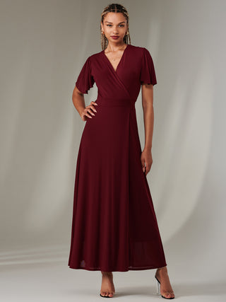 Plain Angel Sleeve Wrapped Maxi Dress, Burgundy