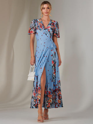 Mirror Print Mesh Wrap Maxi Dress, Blue Floral