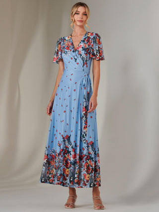 Mirror Print Mesh Wrap Maxi Dress, Blue Floral