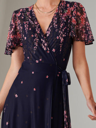 Mirror Print Mesh Wrap Maxi Dress, Navy Floral