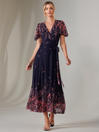 Mirror Print Mesh Wrap Maxi Dress, Navy Floral