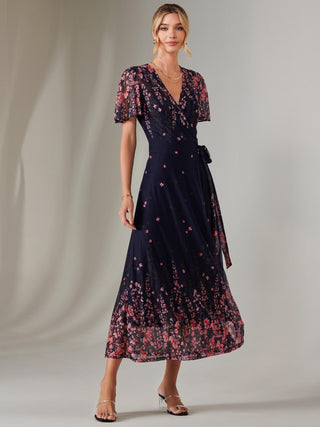 Mirror Print Mesh Wrap Maxi Dress, Navy Floral