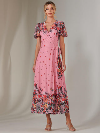 Mirror Print Mesh Wrap Maxi Dress, Pink Floral