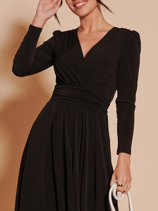 Long Sleeve Pleated Jersey Midi Dress, Black