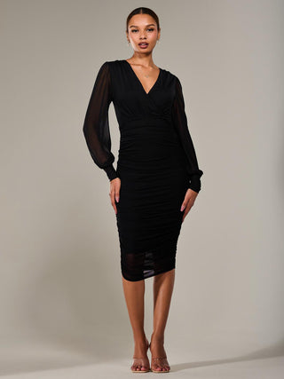 Long Sleeve Ruched Mesh Midi Dress, Black