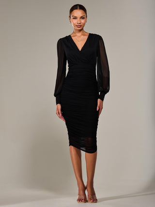 Long Sleeve Ruched Mesh Midi Dress, Black