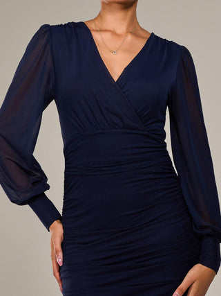 Long Sleeve Ruched Mesh Midi Dress, Navy