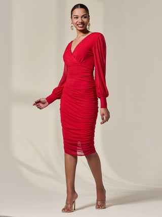 Long Sleeve Ruched Mesh Midi Dress, Red