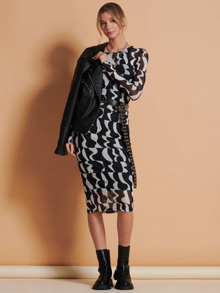 Print Long Sleeve Mesh Bodycon Dress, Black Pattern
