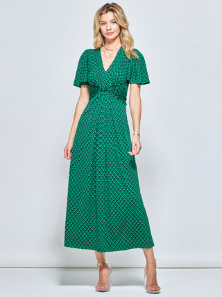 Plunge Neck Twist Front Maxi Dress, Green Geo