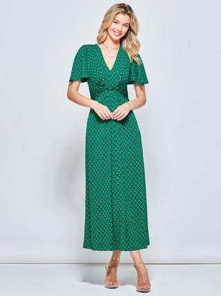 Plunge Neck Twist Front Maxi Dress, Green Geo