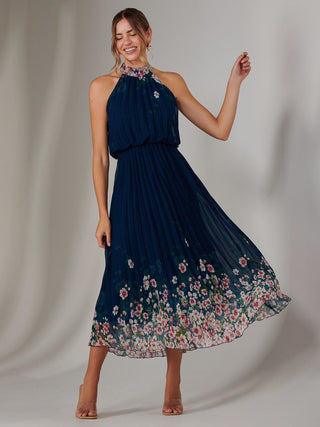 Pleated Halterneck Maxi Dress, Navy Floral