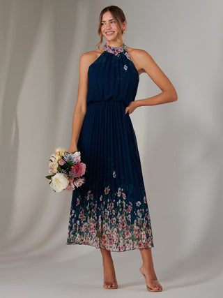 Pleated Halterneck Maxi Dress, Navy Floral