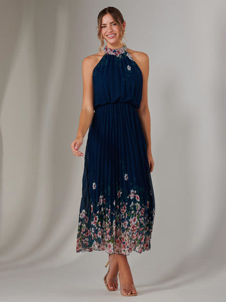 Pleated Halterneck Maxi Dress, Navy Floral