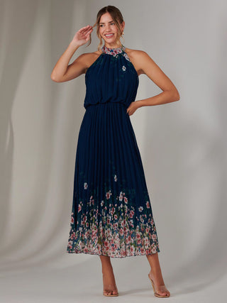 Pleated Halterneck Maxi Dress, Navy Floral