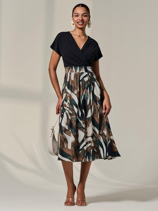 Short Sleeve Two Tone Midaxi Dress, Black Abstract