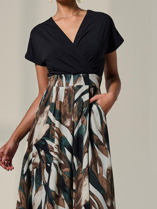 Short Sleeve Two Tone Midaxi Dress, Black Abstract