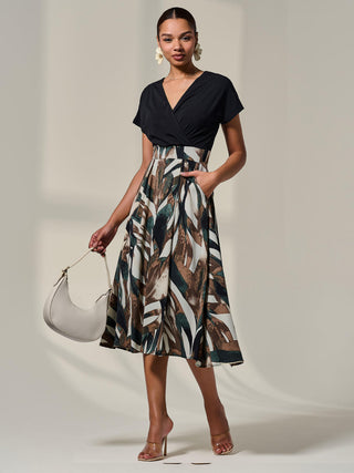 Short Sleeve Two Tone Midaxi Dress, Black Abstract