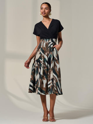 Short Sleeve Two Tone Midaxi Dress, Black Abstract