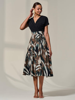 Short Sleeve Two Tone Midaxi Dress, Black Abstract