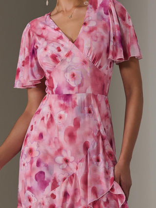 Mesh Print Frill Hem Midaxi Dress, Pink Abstract