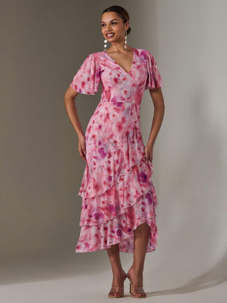 Mesh Print Frill Hem Midaxi Dress, Pink Abstract