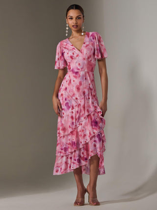 Mesh Print Frill Hem Midaxi Dress, Pink Abstract