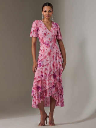 Mesh Print Frill Hem Midaxi Dress, Pink Abstract
