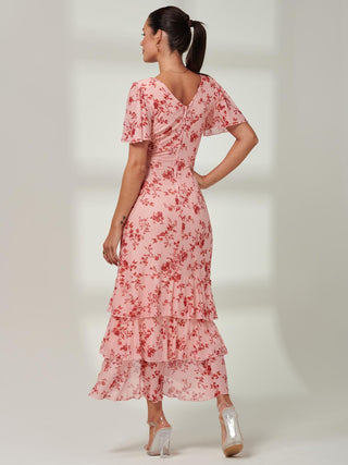 Daleysa Frill Hem Mesh Maxi Dress, Coral Pink