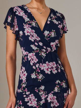Printed Wrap Ruffle Maxi Dress, Navy Floral