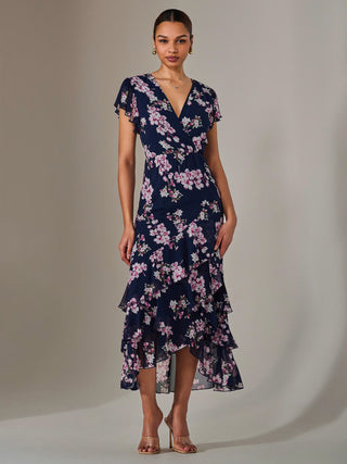 Printed Wrap Ruffle Maxi Dress, Navy Floral