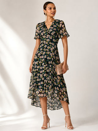 Charlotte Pleated Chiffon Midaxi Dress, Black Floral