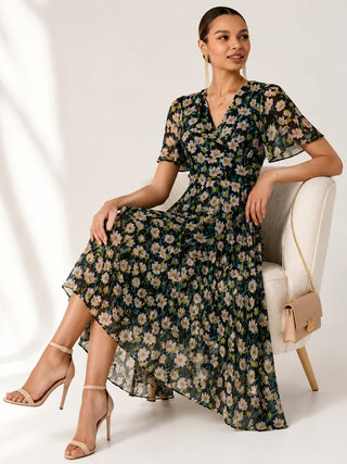Charlotte Pleated Chiffon Midaxi Dress, Black Floral