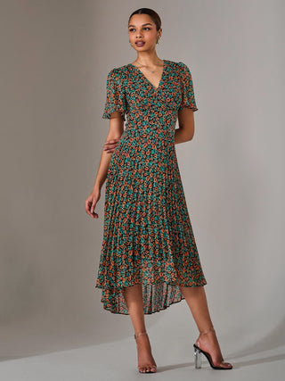 Charlotte Pleated Chiffon Midaxi Dress, Black Multi
