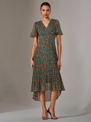Charlotte Pleated Chiffon Midaxi Dress, Black Multi
